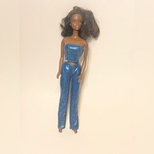 1990s African American Barbie Brown Hair Blue Pants Tube Top W/ Earrings